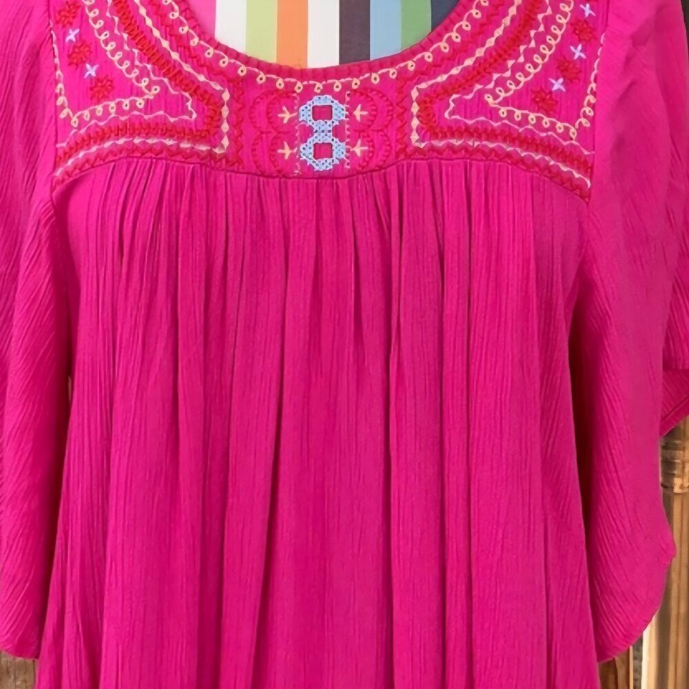 Isa & Ella Gawzy hot pink boho resort  embroider flutter sleeve dress cover up S